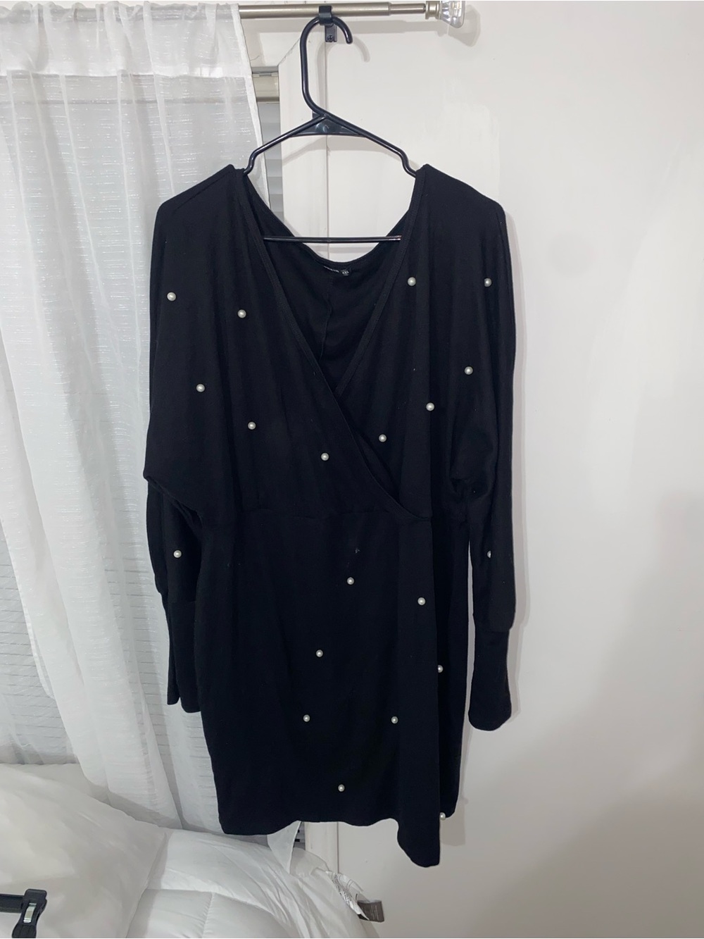 Black Long-Sleeve V-Neck Dress with Pearl Accents